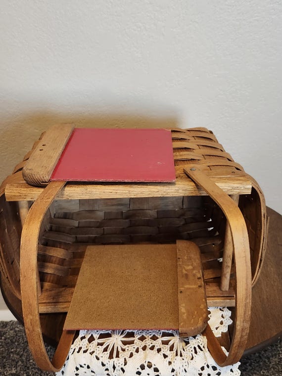 Vintage Woven Wood Basket With Handles and Red Slide Opening 18