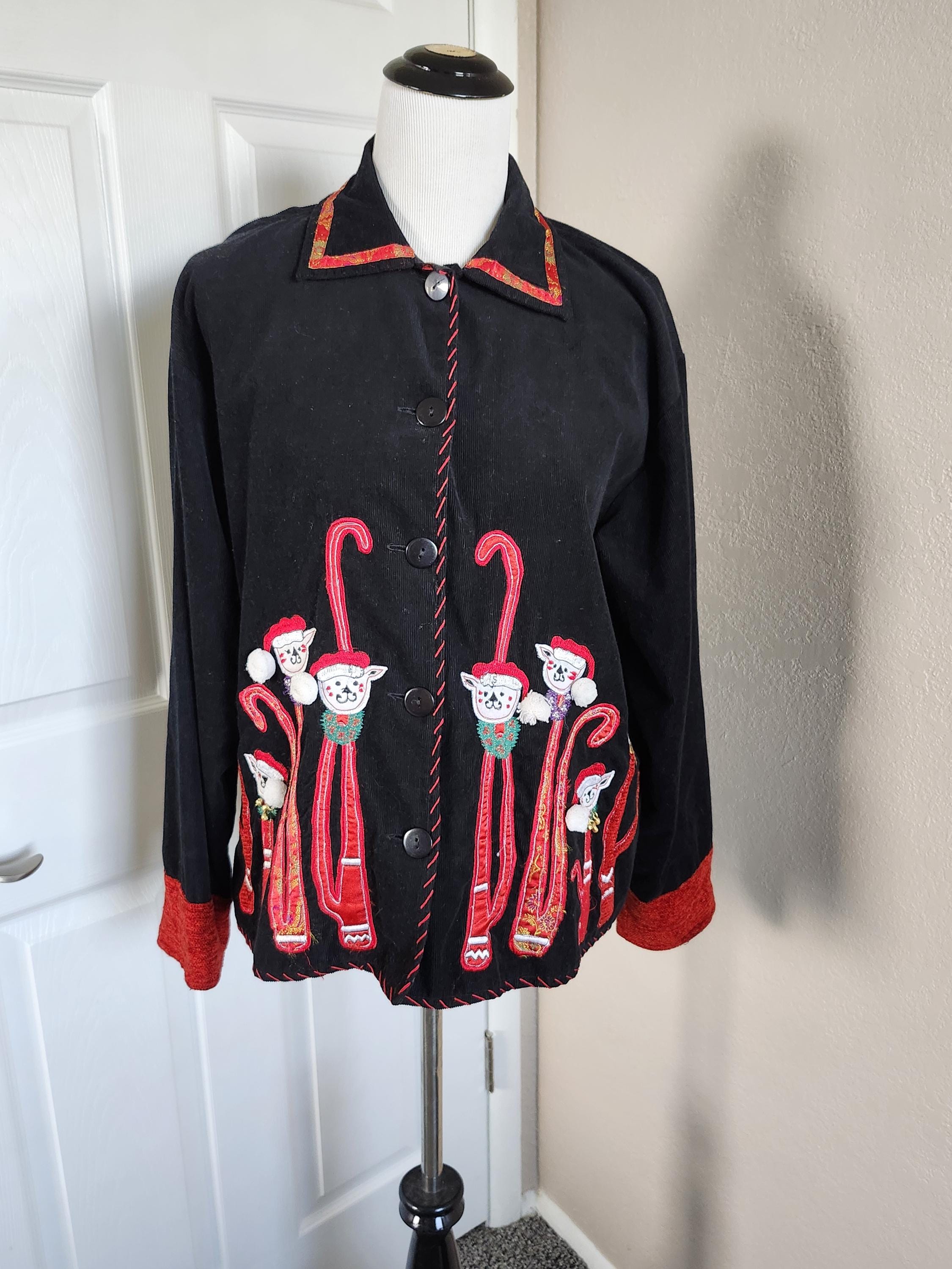 1980er Jahre Damen Schwarz Weiche Oversized Cord Urlaub Square Cut Jacke / Blazer Größe M-L / Schwarz / Rot / Grün Weihnachten Cord Jacke mit Knöpfen