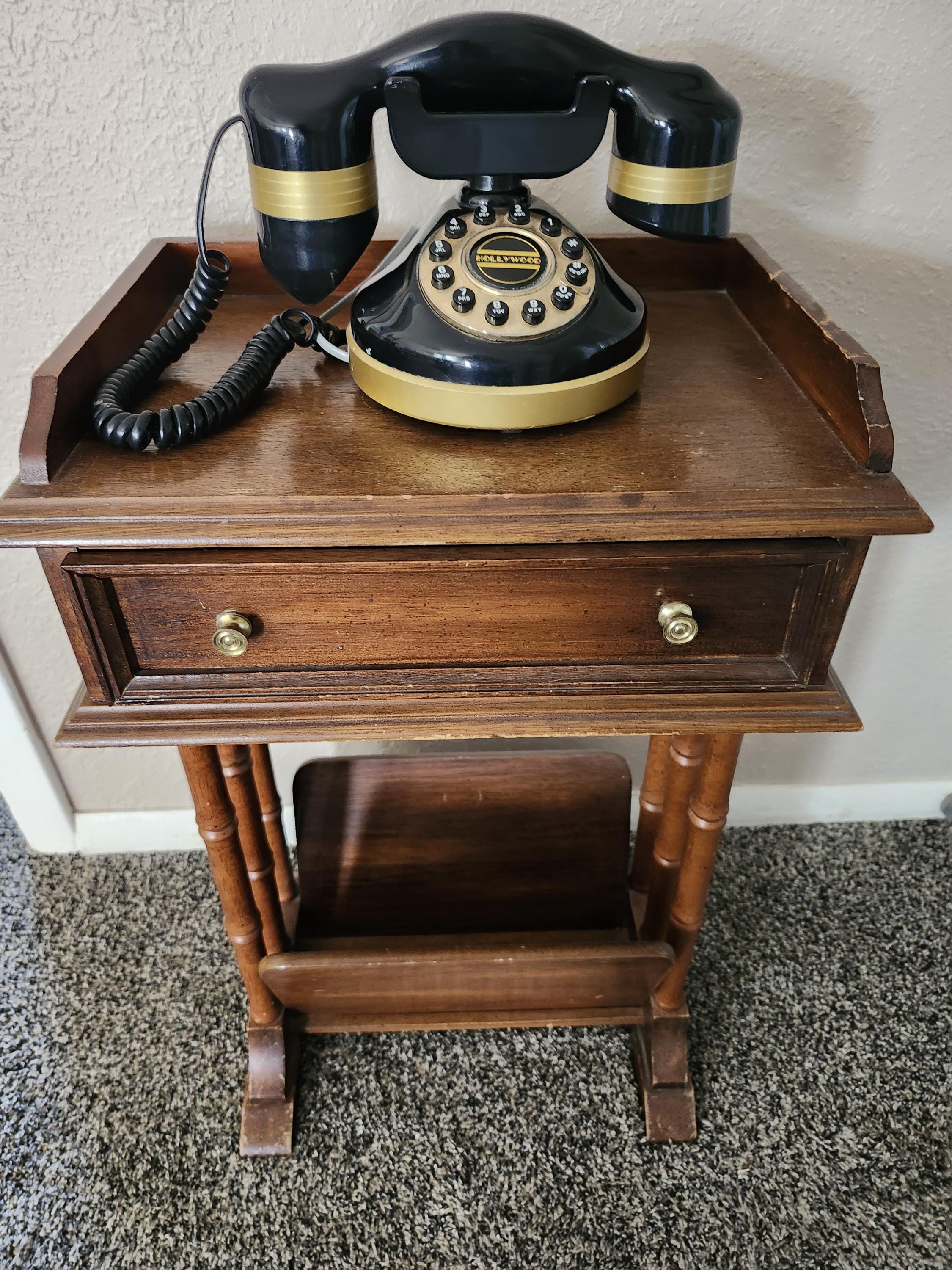 Vintage Replica Old Hollywood Black/Gold Desk/Table Land Line Push Button Telephone/ 1940s Replica Telephone 8"x6"x6"/ Nostalgic Telephone