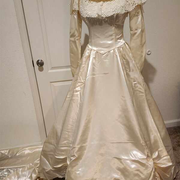 Mid Century Ivory Liquid Satin Princess Bridal Ballgown With Illusion Neckline Size S/1950s-60s Ivory Satin Wedding Gown Size S