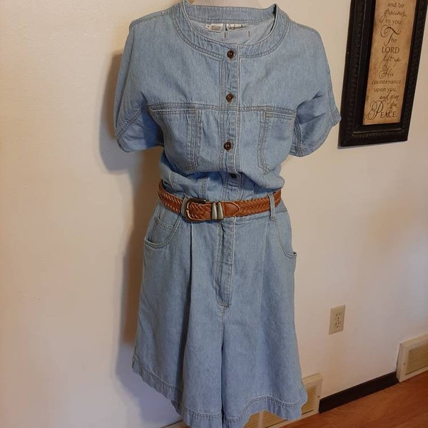 1980s-90s Womens Spring Rafaella Light Wash Chambray/Denim Romper/One Piece/Shorts Size L/Vtg Womens Denim/Jean Romper/Jumpsuit Shorts 14