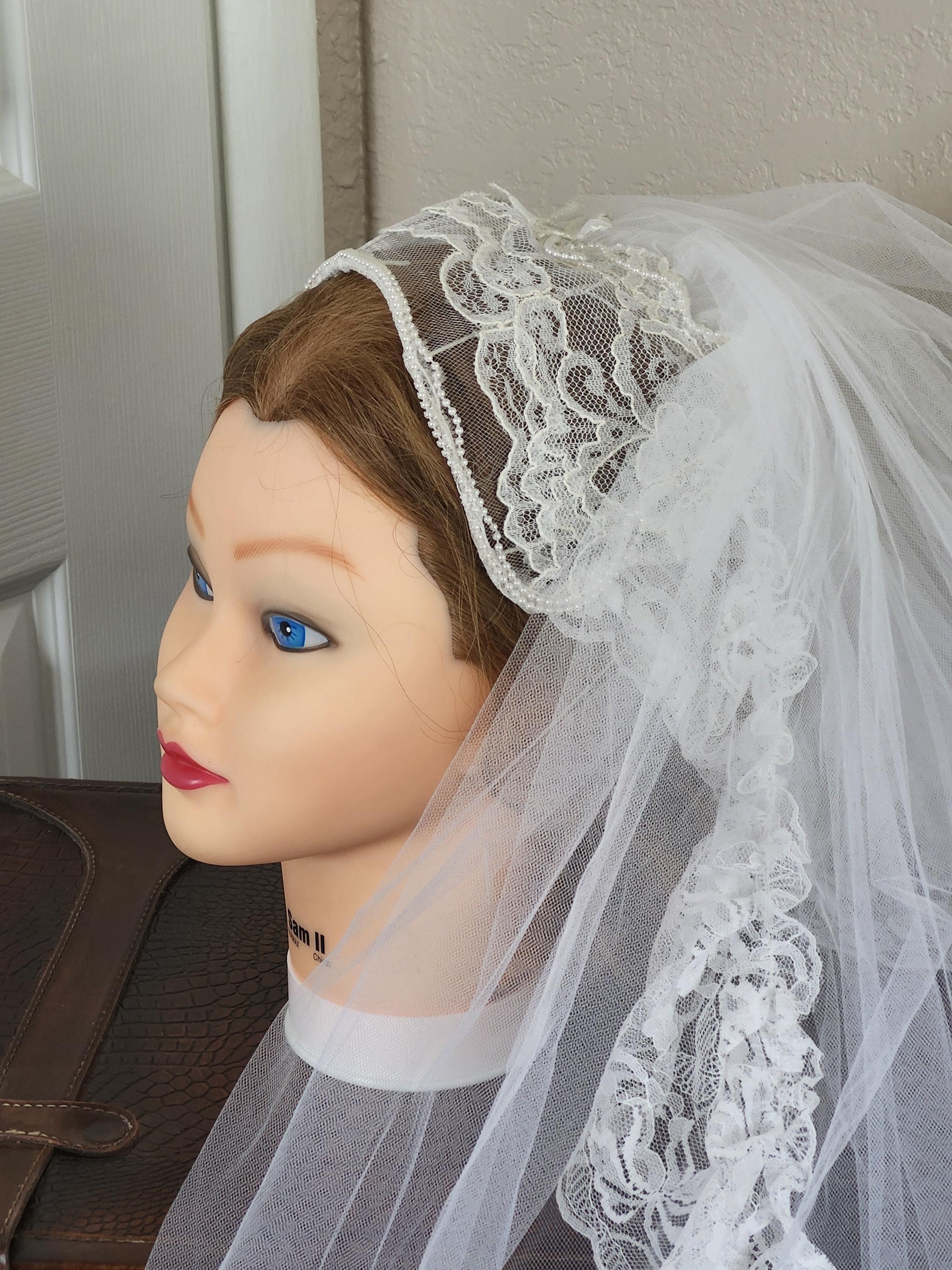 1970s White Juliette Cap Mid Length Wedding Veil With Blusher and