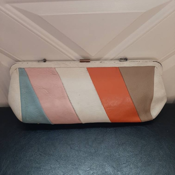 1960s Womens Leather Cream Colorblock Large Marlow Original Handbag/Mid Century Modern Leather Rectangular Spring/Summer Purse 7"X16"X2.5"