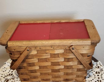 Vintage Woven Wood Basket With Handles and Red Slide Opening 18