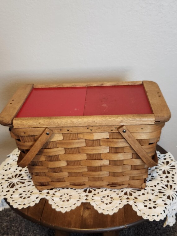 Vintage Woven Wood Basket With Handles and Red Slide Opening 18