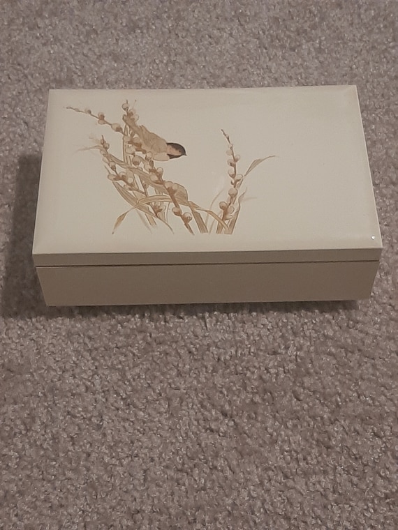 Mid Century Cream Lacquer Rectangular Chickadee M… - image 1