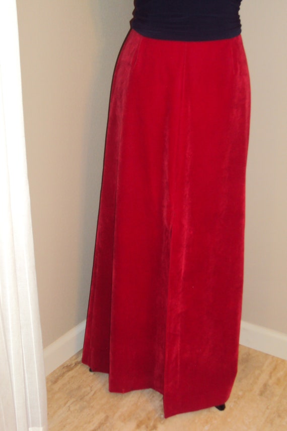 1970s Womens Cherry Red Velveteen Maxi High Waist… - image 2