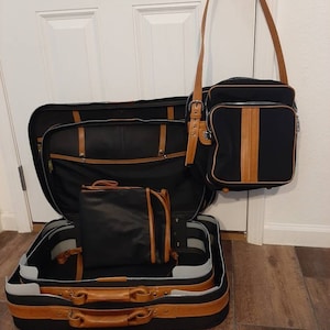 1970s-80s 4 Piece Set Of Ambassador Nylon Soft Side Black/Tan Nesting Luggage/Vtg Luggage Set/Tote/Suitcases/Garment Bag 25&quot; X 16&quot; X 7&quot;