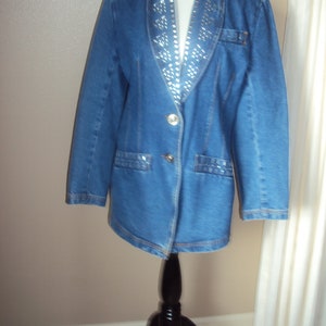 1980s Womens I B Diffusion Denim Blazer/Jacket With Studded Bling size M/ Fitted Shawl Collar Denim Blazer Size M /Medium Wash Denim Blazer