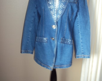 Blazer/jaqueta jeans de difusão I B feminina dos anos 80 com brilho cravejado tamanho M/blazer jeans com gola xale justa tamanho M/blazer jeans de lavagem média