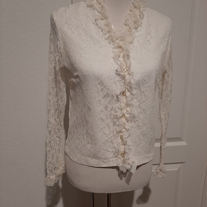 1970s Womens Ivory/Cream Romantic Lace Quartet Fashion Blouse Size M/Vintage Womens Lined Cream Lace Long Button Sleeve Blouse/Lace Blouse M