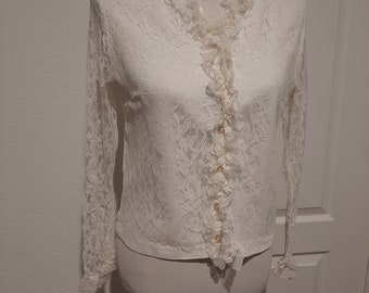 1970s Womens Ivory/Cream Romantic Lace Quartet Fashion Blouse Size M/Vintage Womens Lined Cream Lace Long Button Sleeve Blouse/Lace Blouse M
