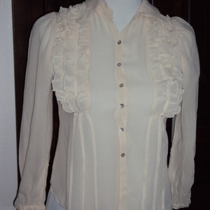 Vintage Womens Ivory Sheer Long Sleeve Ruffled Blouse Size XS-S/ Victorian/Edwardian Ivory Sheer Blouse/Fitted Ivory Boho/ Gunne Sax Style