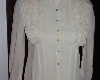 Vintage Womens Ivory Sheer manga larga con volantes blusa talla XS-S/ Victorian/Edwardian Ivory Sheer Blusa/Fitted Ivory Boho/ Gunne Sax Style