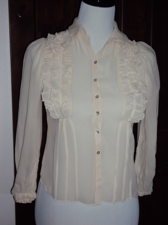 Vintage Womens Ivory Sheer Long Sleeve Ruffled Blo