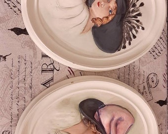 1970s Erma Gilliand Duncan Oval Cameo Beautiful Ladies Pair Of Wall Art Hand Painted 11" X 9" X 1"/ 3 Dimentional Hand Painted Ceramics