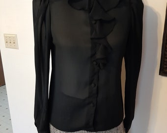 1970s Womens Black Sheer Fall California Spice Polyester Ruffled Long Sleeve Blouse Size S/Vtg Black Edwardian Sheer Blouse Size S/Steampunk