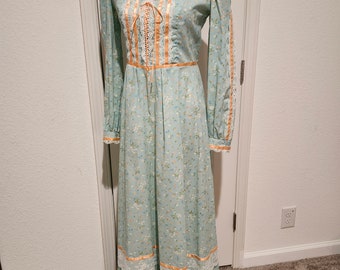 1970s Women's Seafoam Green Gunne Sax Style Calico Cotton/Polyester Prairie Maxi Dress/Vintage Mint Green Cotton/Ribbon/Lace Maxi Dress M