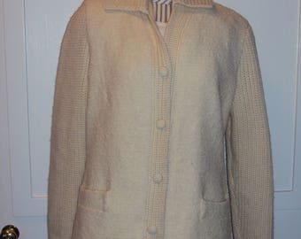 Vintage 100% Creme/Elfenbein Damen Wolle Freedom Wear Irish Tweed Gefüttert Cardigan Pullover Größe Medium/ Button Up Pullover/ Boucle Pullover