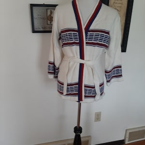 1970s Womens 100% Acrylic Red/White/Blue Belted Cardigan Sweater Size S-M/ 70s Sweaters/Cardigan Sweaters/Vintage Belted Womens Sweaters S-M
