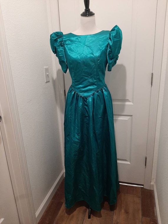 1980s-90s Womens Teal Green Satin Prom/Bridesmaid/