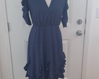 1970s-80s Womens David Robin Spring Navy/White Polka Dot Polyester Ruffled Day Dress Maat M/70s Natural Waist Spring Navy/White Dress Size M