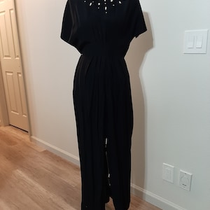 1980s Womens Black Rayon/Gold/White Beads Paris Sport Club Jumpsuit/Romper/One Piece/Playsuit Size M/Vtg Black Women Rayon Back Zip Jumpsuit