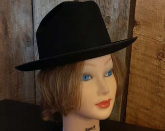 Mid Century Black Mens/Womens Size 6 7/8 Adam Felt Fedora/Western Hat/Vintage Black Felt Fedora/Cowboy Hat/ Adam Fedora Hat Size 6 7/8