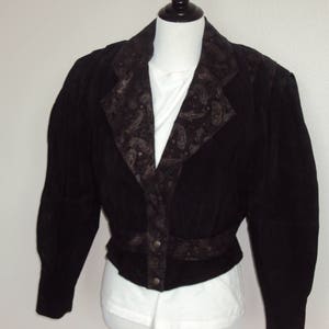1980s Womens Black Leather/Suede Paisley Paris Sport Club Cropped Jacket Size M/ 80s Leather Short Coat/Oversized Crop Jacket/ Short Coat
