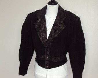 Années 1980 Femme Cuir noir / Daim Paisley Paris Sport Club Cropped Veste Taille M / 80s Cuir Manteau court / Veste crop surdimensionnée / Manteau court