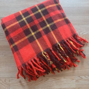 1960s Faribo Wool Red/Black/Gold Stadium/Picnic/Lap Blanket 56&quot; X 54&quot;/ Vtg Buffalo Plaid With Fringe Faribo Stadium Blanket/Red/Black Wool