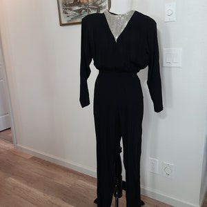 1980s Womens Black Fall Carol Anderson Rayon Jumpsuit/Onsie/Romper/ Onepiece Size S-M/Vtg Black/Silver Bead Jumpsuit Size 5-7/80s Jumpsuits
