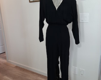 1980s Womens Black Fall Carol Anderson Rayon Jumpsuit/Onsie/Romper/ Onepiece Size S-M/Vtg Black/Silver Bead Jumpsuit Size 5-7/80s Jumpsuits