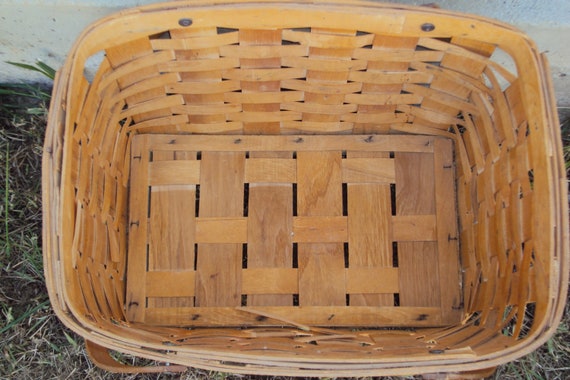 Mid Century Woven Wood Top Handle Picnic Basket 1… - image 4