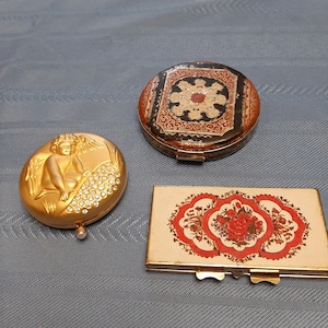 1940s-50s, 90s Lot Of 3 Womens Makeup Compacts With Mirrors/90s Estee Lauder June Angel Compact/Vtg Rectangular Floral Compact/Round Compact