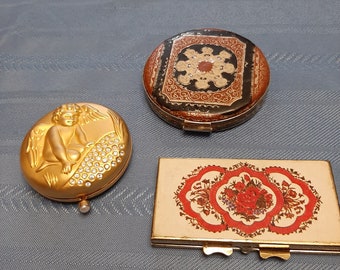1940s-50s, 90s Lot Of 3 Womens Makeup Compacts With Mirrors/90s Estee Lauder June Angel Compact/Vtg Rectangular Floral Compact/Round Compact