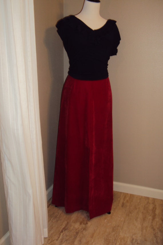 1970s Womens Cherry Red Velveteen Maxi High Waist… - image 1