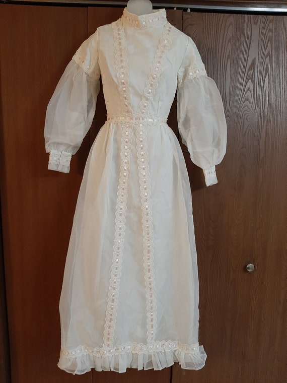 1970s Womens White Gunne Sax Style Organza And Ta… - image 1