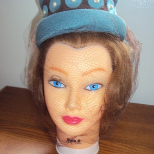 Mid Century Womens Turquoise/Brown Pillbox Hat With Veil/ Bridal/Party/Cocktail Hats/Summer Straw Pillbox Hats/ Birdcage Hats/Aqua Blue  Hat