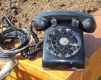 1950s Black Western Electric Bell System Rotary Dial Telephone With Original Attached Cord/ Black rotary Dial Telephone/ Vtg Black Telephone