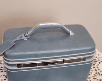 1980s-90s Aqua Blue Samsonite Pebbled Hard Side Plastic With Silver Chrome Accents Train Case 14"x7"x9"/ Vintage Samsonite Luggage Cosmetic