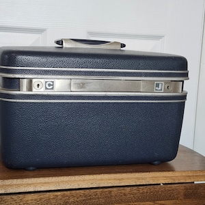Halverwege de eeuw Samsonite grijs/blauw/zilver metalen accenten treinkoffer 14,5&quot; x 7&quot; x 8,5&quot;/vintage grijze Samsonite treinkoffer/make-up make-up koffer