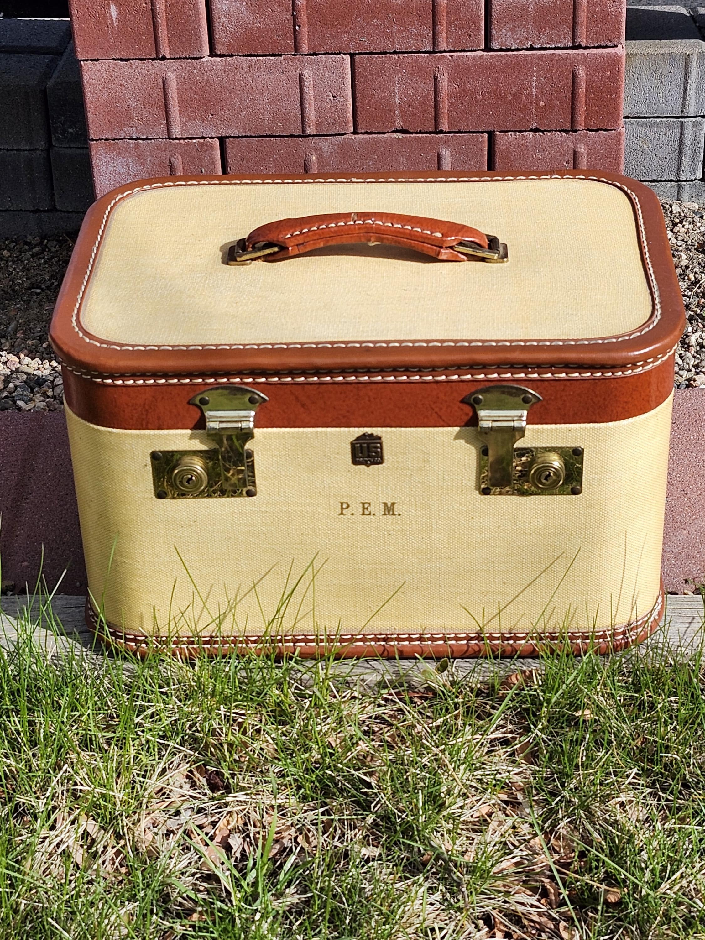 1940s-50s Yellow Tweed/chestnut Brown Leather Trim US Trunk Co