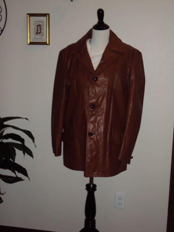 1970s Mens Montgomery Ward Caramel Tan Leather Co… - image 1