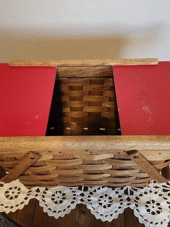 Vintage Woven Wood Basket With Handles and Red Slide Opening 18