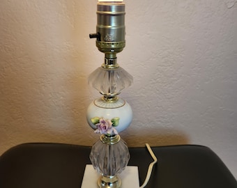 Mid Century Ceramic , Marble And Glass Applied Pink Rose Small Accent Lamp 11" X 3.5" X 3.5"/ Small Boudoir Lamp/ Entry Way Rose Small Lamp