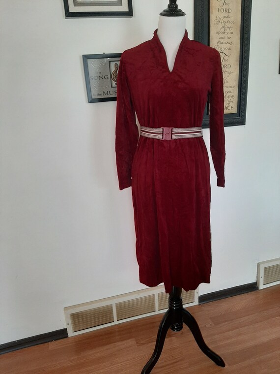 1970s Womens Burgundy/Maroon/Wine Velour Long Slee