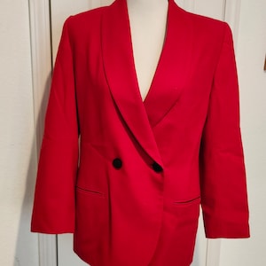 Vintage Womens Red 100% Wool Lined Valerie Steven&#39;s Petites Shawl Collar 40s Does 90s Blazer With Black Accent Double Breasted Buttons S