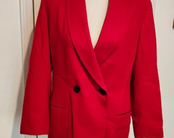 Vintage Damen Roter 100% Wolle gefütterter Valerie Steven's Petites Schalkragen 40er Jahre Blazer im Stil der 90er Jahre mit schwarzen Akzenten, zweireihigen Knöpfen S