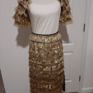 Vintage Womens NOS Black Sheer With Gold Fringed Trim Middle Eastern Dance Costume Size M-L/ Black/Gold 3 Pieces Belly Dance Skirt/Arm Bands